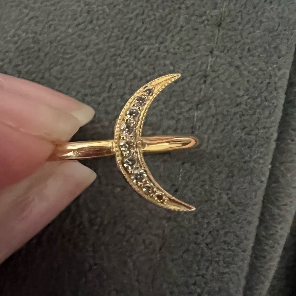 14k yellow gold ring. Crescent moon with pave diamonds.  New/unworn.